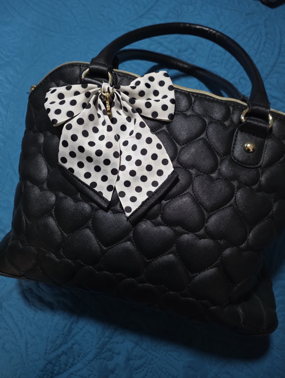 Betsey Johnson Black Quilted Heart Tote with Polka Dot Bow